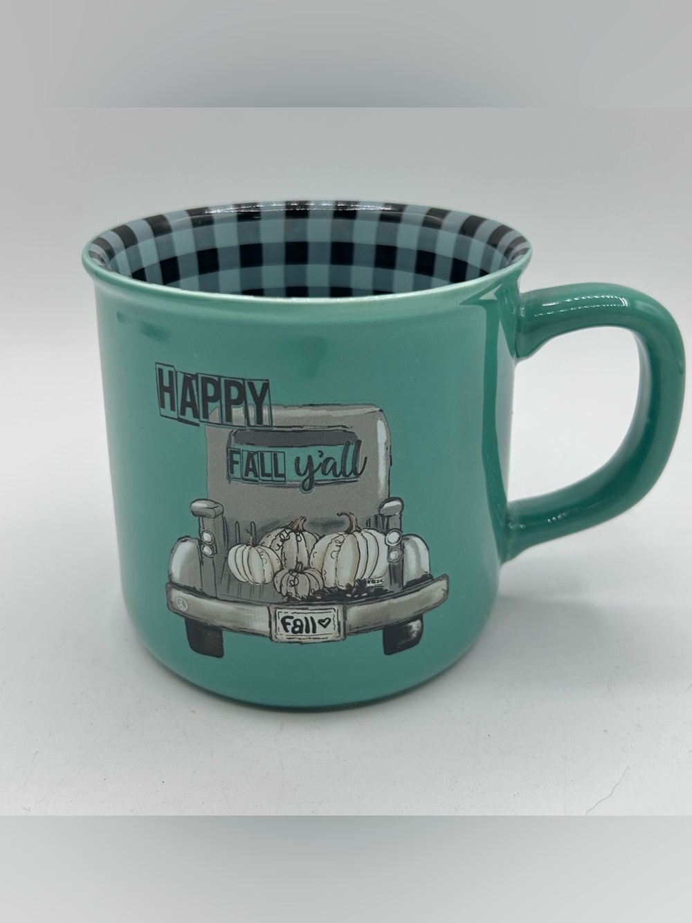 Happy Fall Yall Coffee Mug Green Checkered 10 oz New